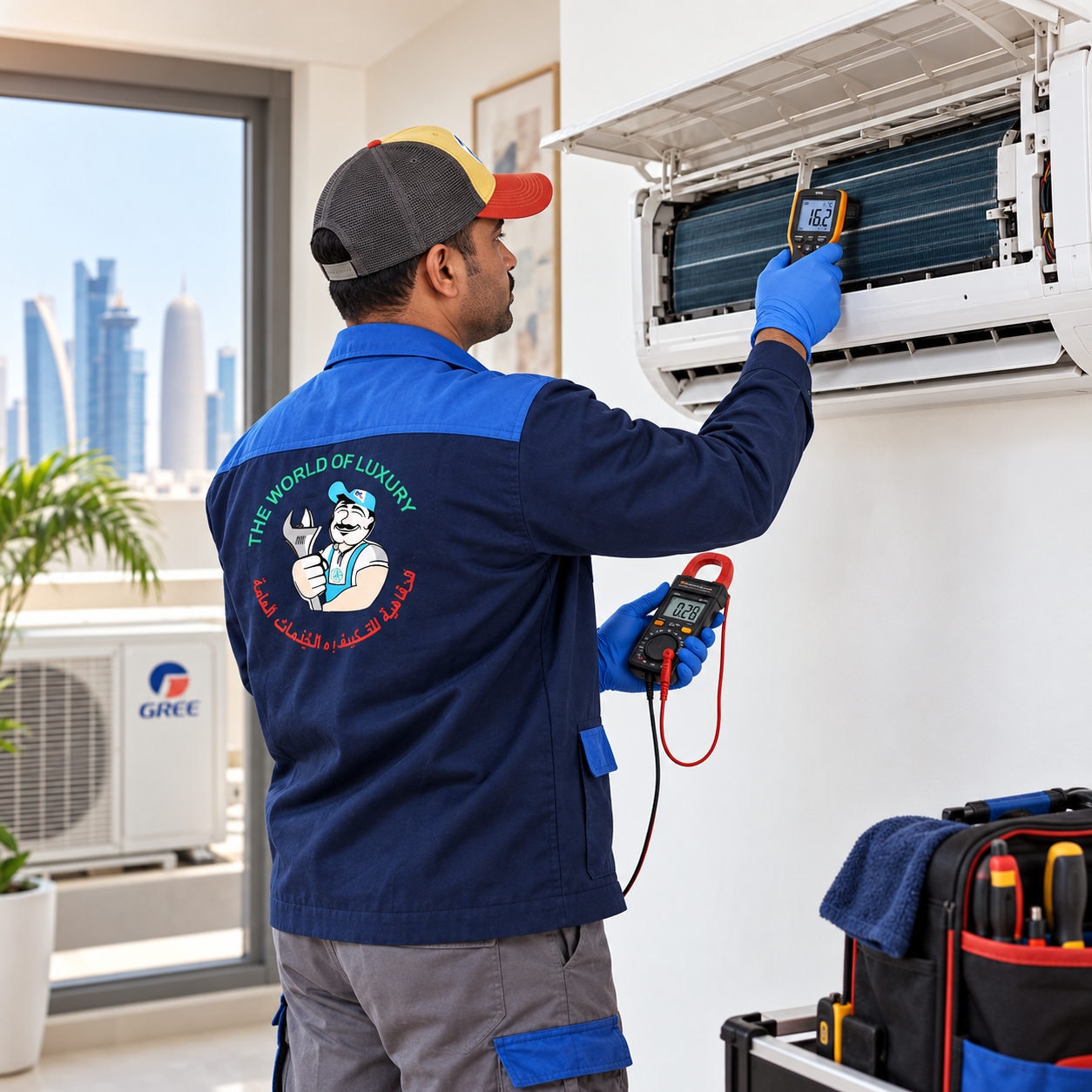 Technician inspecting an air conditioning system